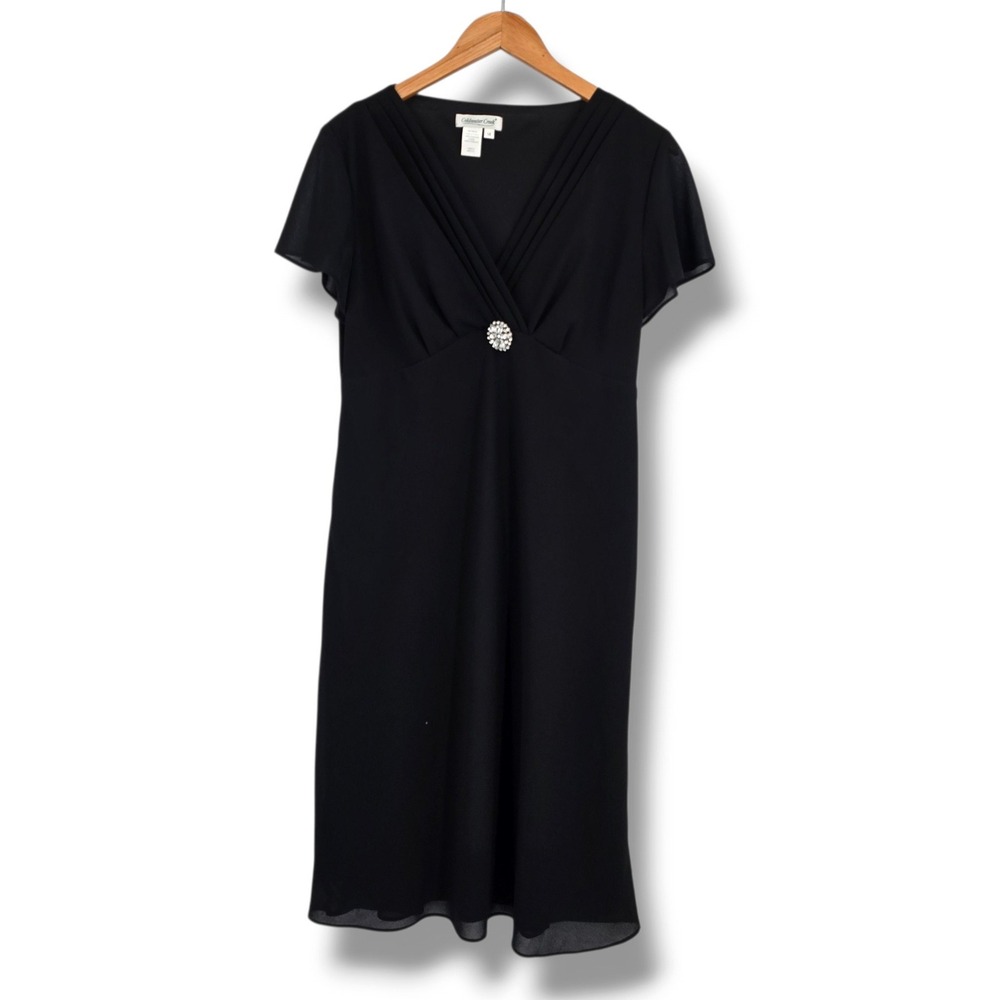 Coldwater Creek Black Rhinestone Brooch Empire Waist V-Neck Midi Dress 14